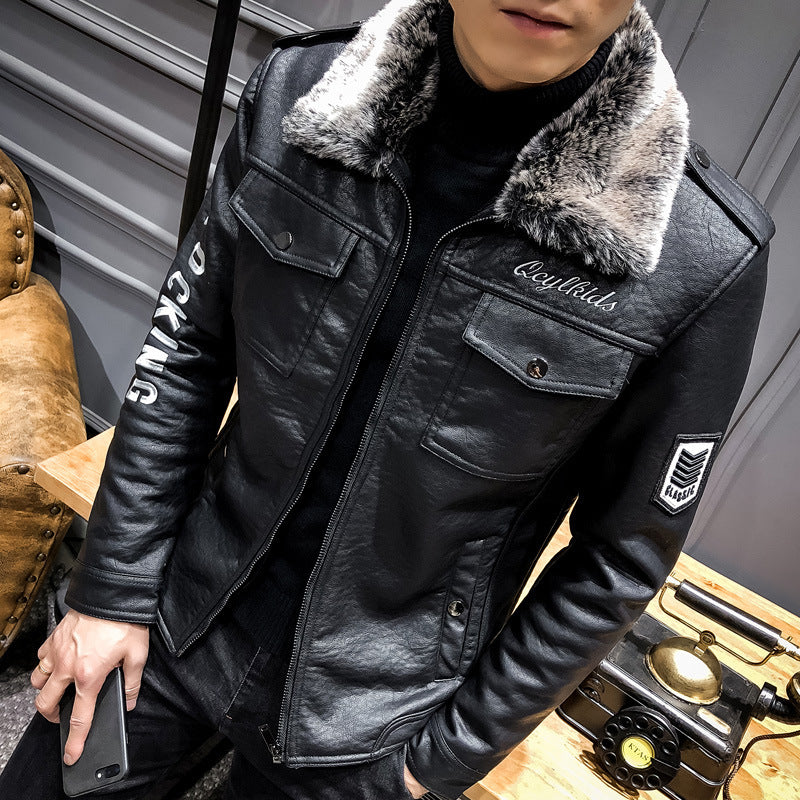 Men's biker leather jacket with faux fur collar and military badges Mune Fashion