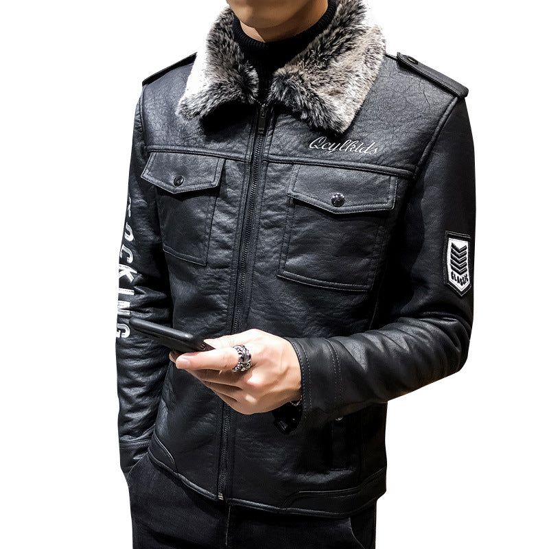 Men's biker leather jacket with faux fur collar and military badges Mune Fashion