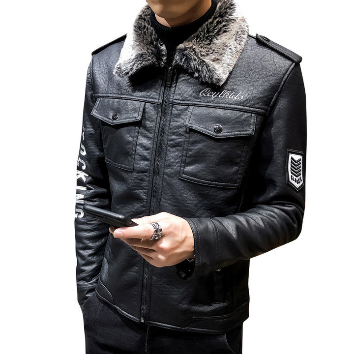 Men's biker leather jacket with faux fur collar and military badges Mune Fashion