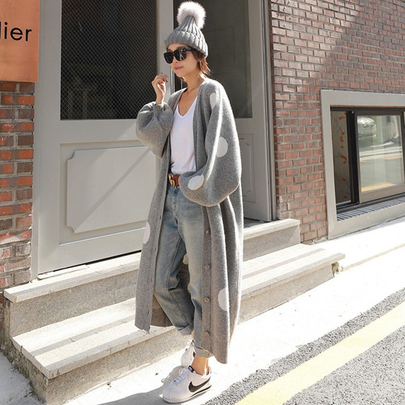 Women's Long Oversized Knit Coat with Large Polka Dot Pattern, Balloon Sleeves and Open Front Mune Fashion