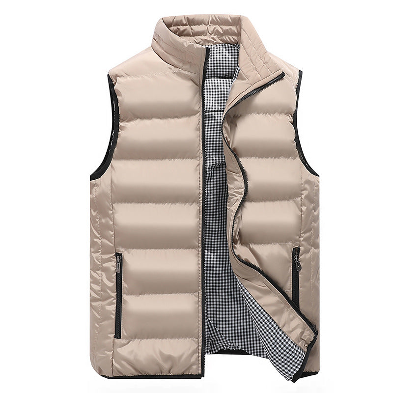 Men's Padded Quilted Vest with High Standing Collar, Zipper Pockets and Checked Lining Mune Fashion