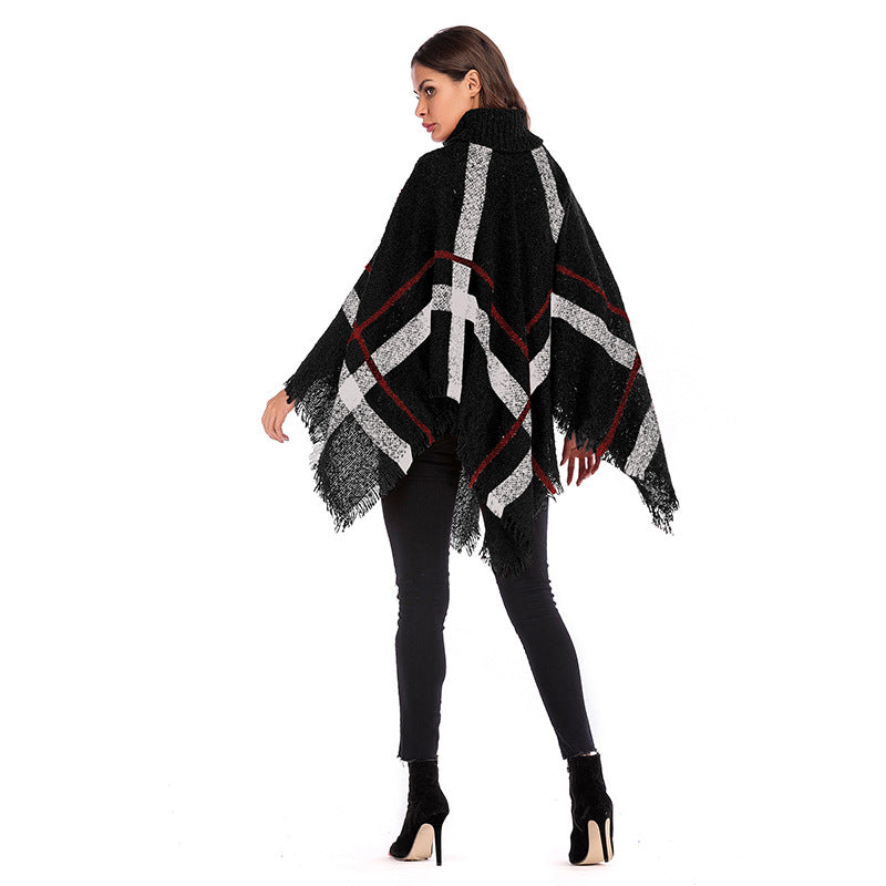 Women's Chunky Knit Poncho with Roll Neck, Fringes & Checkered Pattern Mune Fashion