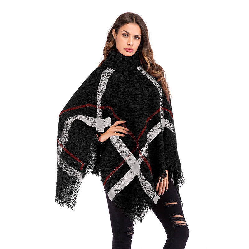 Women's Chunky Knit Poncho with Roll Neck, Fringes & Checkered Pattern Mune Fashion