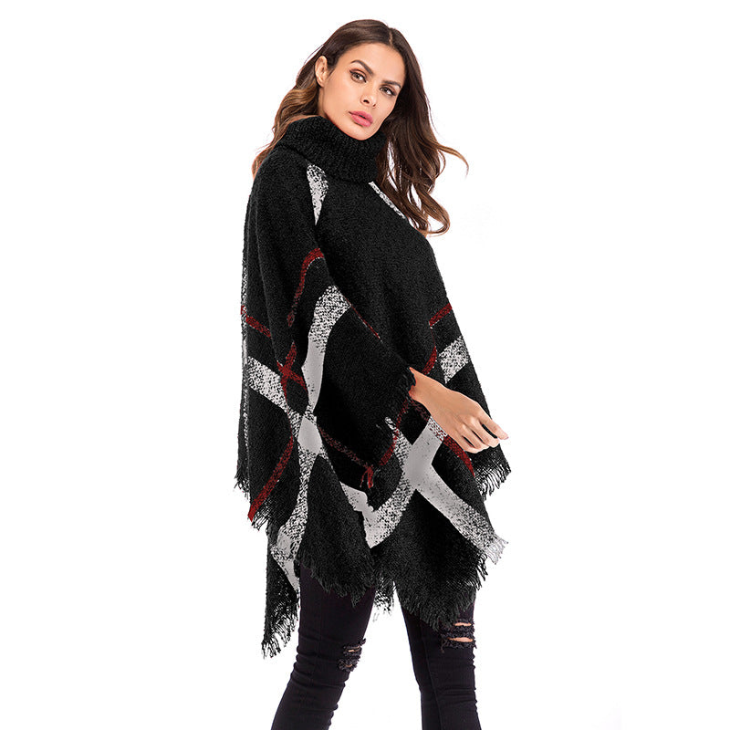 Women's Chunky Knit Poncho with Roll Neck, Fringes & Checkered Pattern Mune Fashion