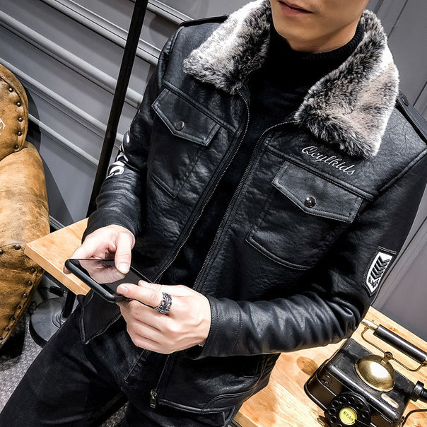 Men's biker leather jacket with faux fur collar and military badges Mune Fashion