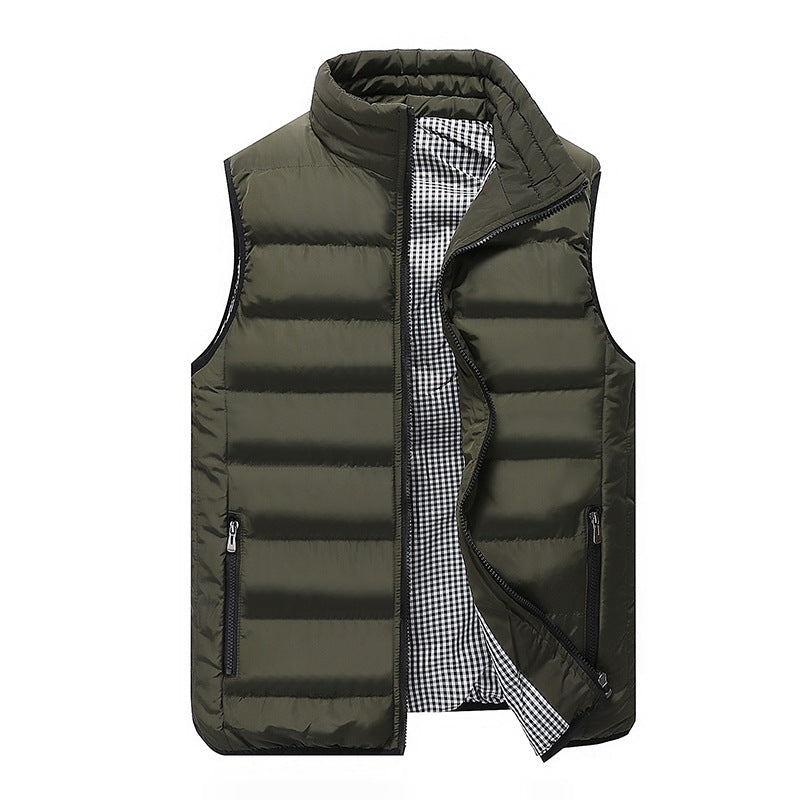 Men's Padded Quilted Vest with High Standing Collar, Zipper Pockets and Checked Lining Mune Fashion