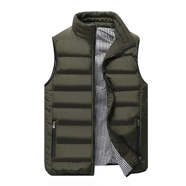 Men's Padded Quilted Vest with High Standing Collar, Zipper Pockets and Checked Lining Mune Fashion
