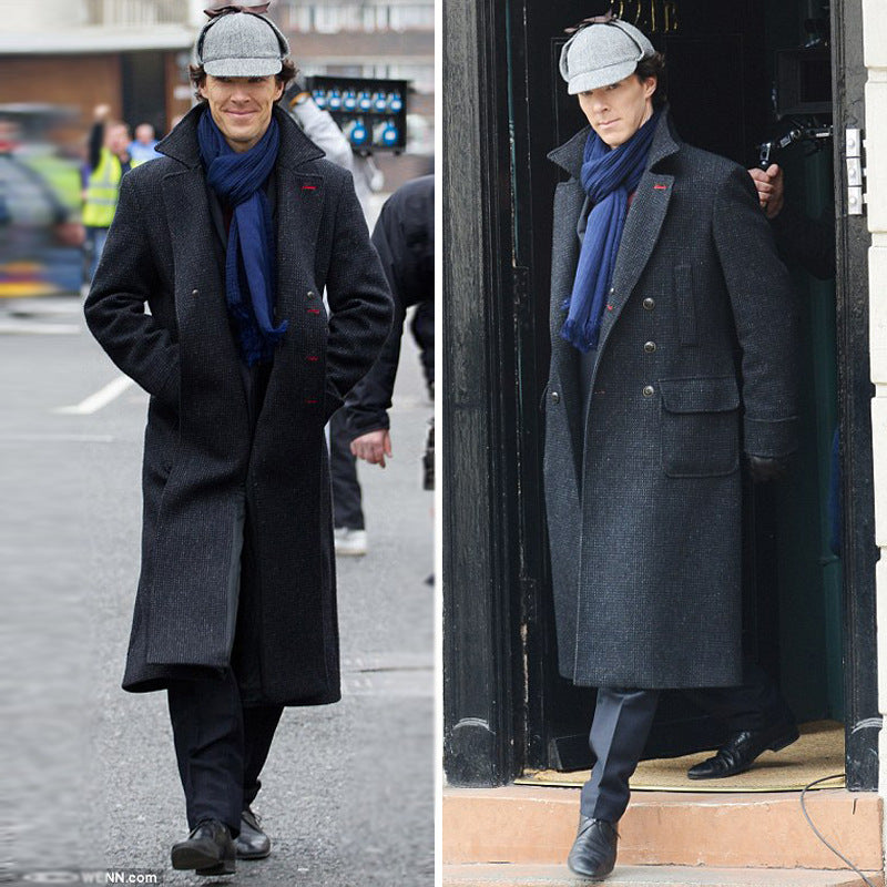 Men's Maxi Length Wool Coat with Subtle Pinstripe Pattern Mune Fashion