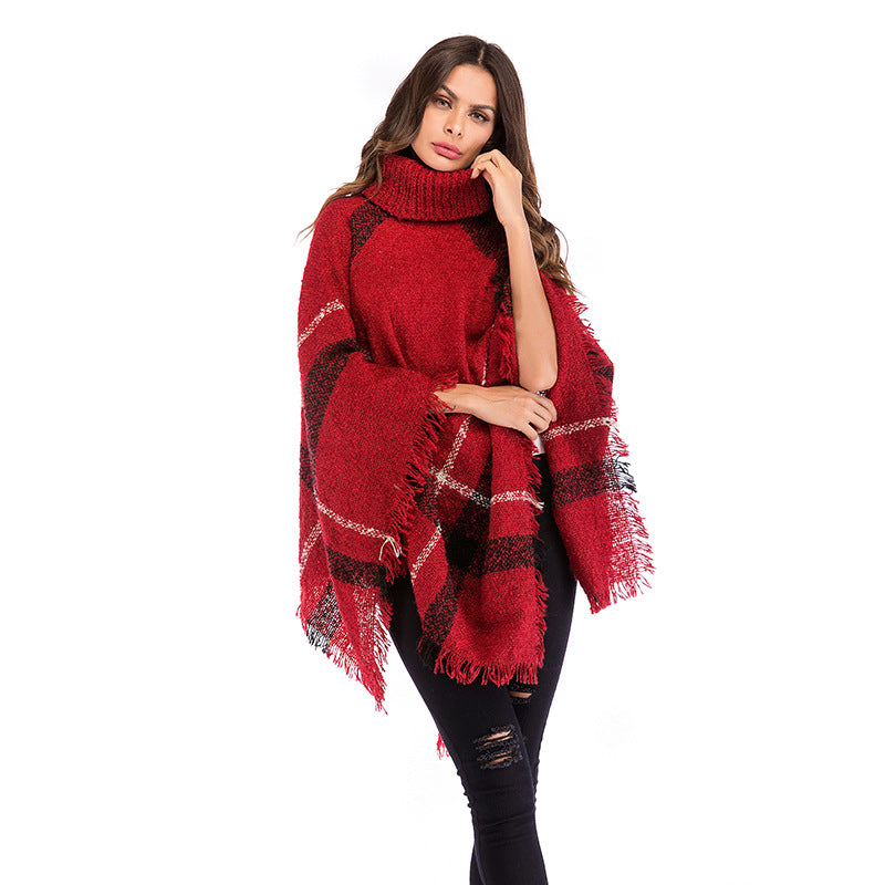 Women's Chunky Knit Poncho with Roll Neck, Fringes & Checkered Pattern Mune Fashion