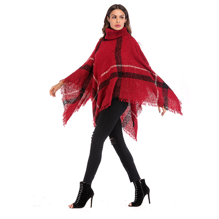 Women's Chunky Knit Poncho with Roll Neck, Fringes & Checkered Pattern Mune Fashion