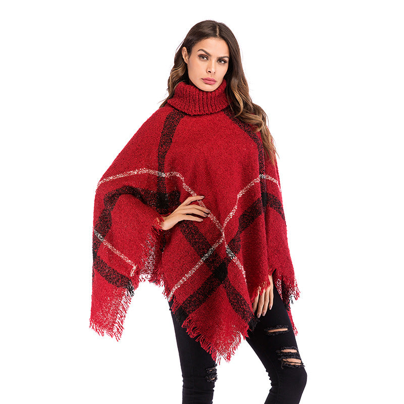 Women's Chunky Knit Poncho with Roll Neck, Fringes & Checkered Pattern Mune Fashion