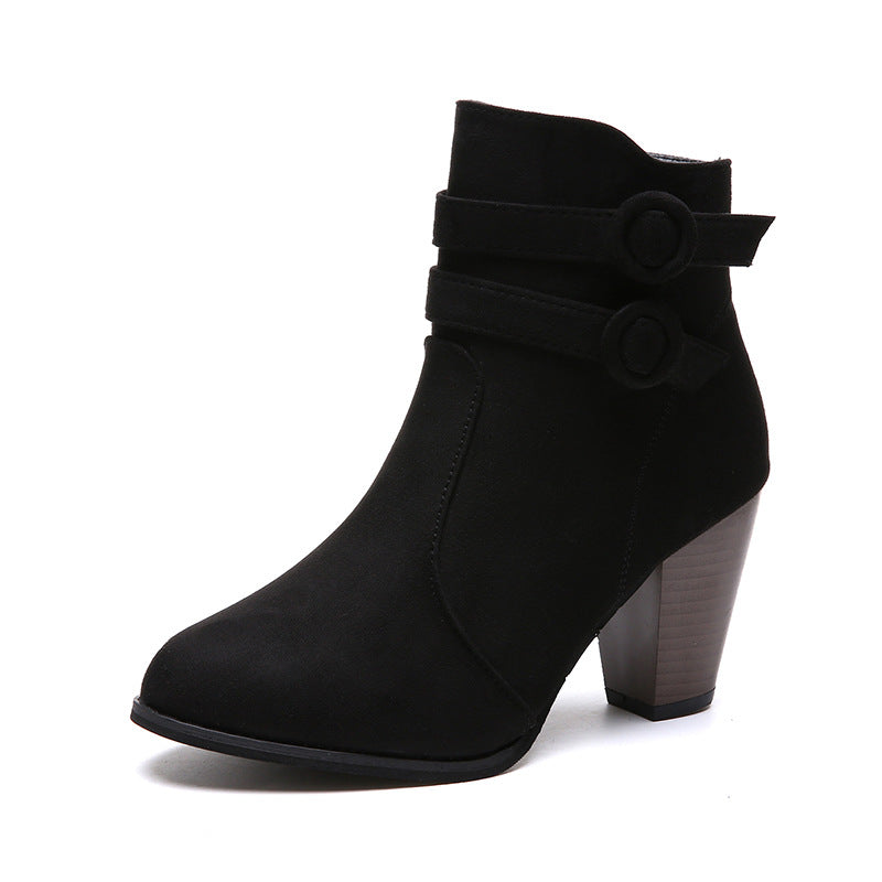 Women's elegant short ankle boots in suede look with double surrounding decorative strap and conically stacked heel Mune Fashion