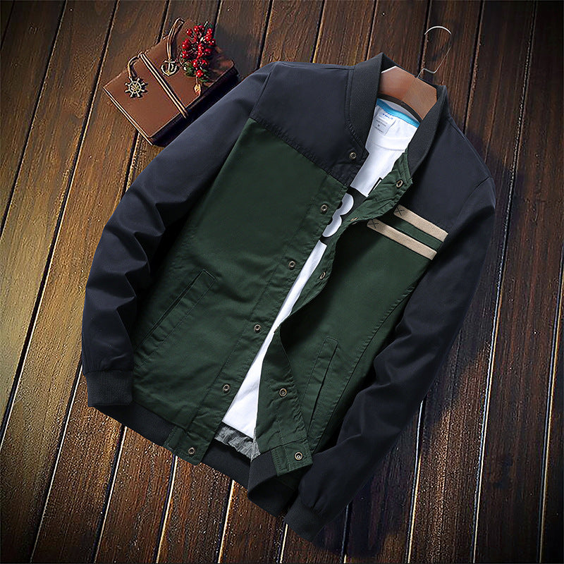 Men's Canvas Bomber Jacket in Field Style with Contrasting Sleeves and Chest Stripes Mune Fashion