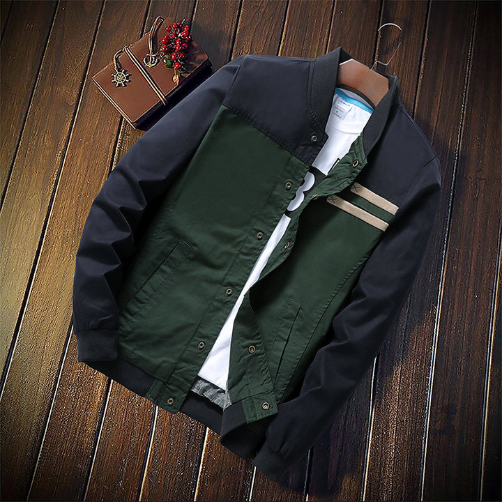 Men's Canvas Bomber Jacket in Field Style with Contrasting Sleeves and Chest Stripes Mune Fashion