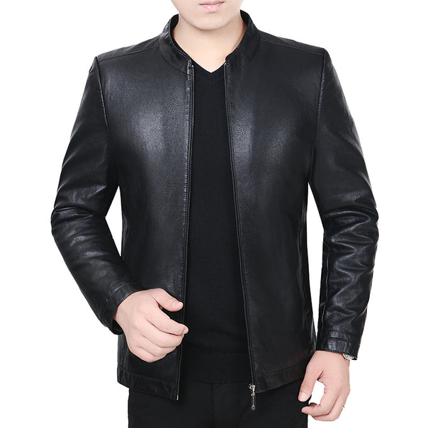 Men's leather jacket with stand-up collar and minimalist zip front Mune Fashion