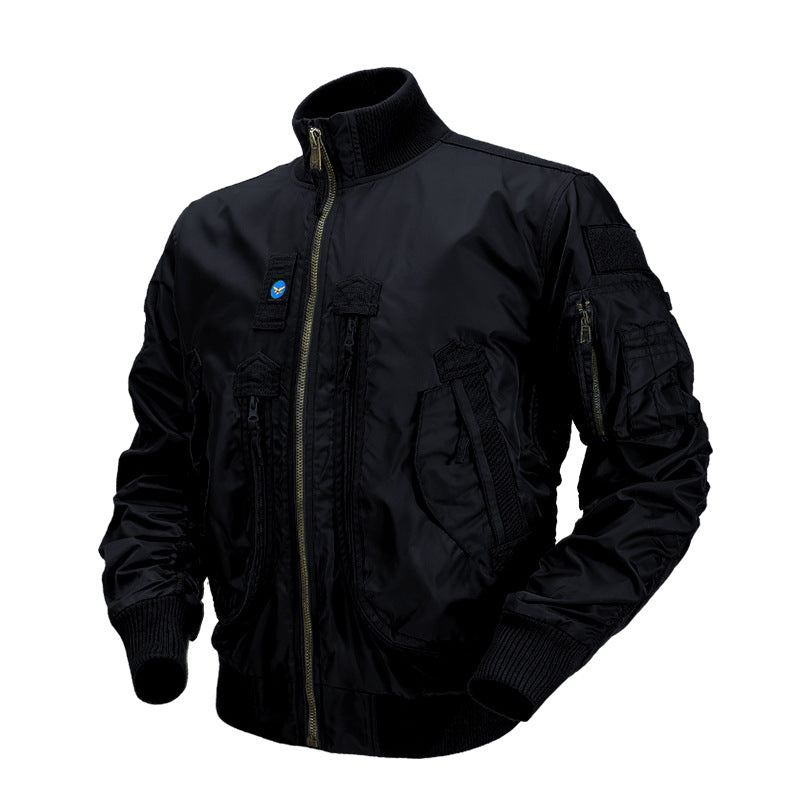 Men's Pilot Bomber Jacket with Utility Pockets and Ribbed Stand-Up Collar Mune Fashion