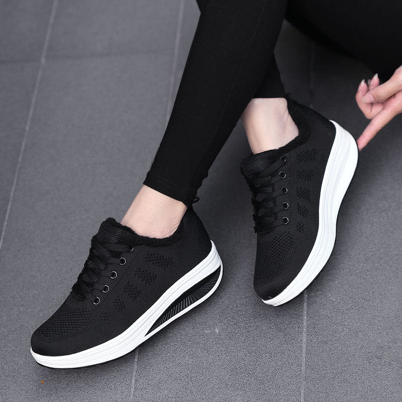 Women’s non-insulated knitted lace-up walking shoe with cozy teddy lining and ergonomic wedge sole Mune Fashion