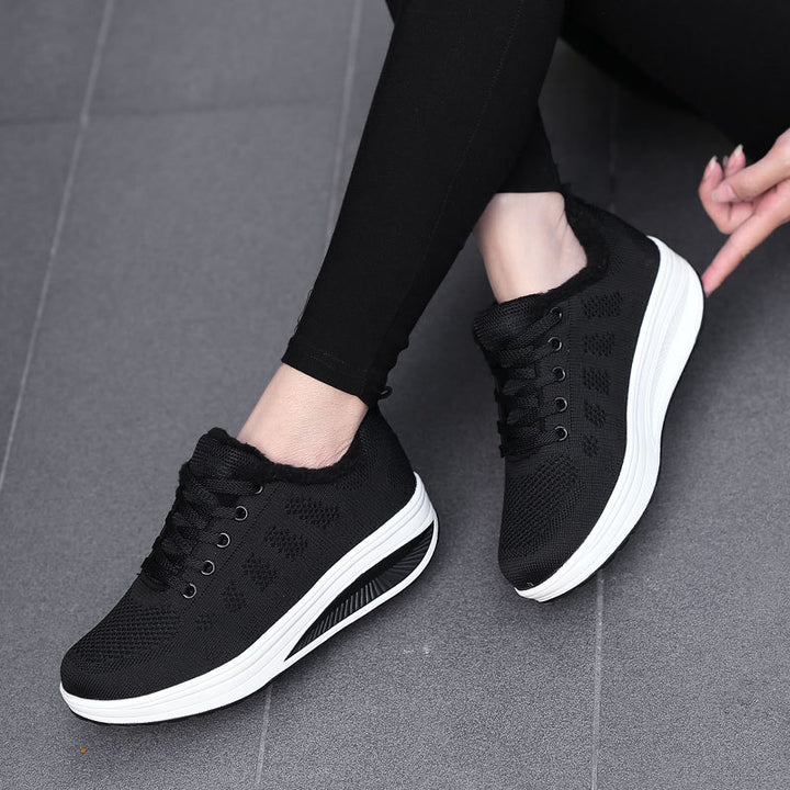 Women’s non-insulated knitted lace-up walking shoe with cozy teddy lining and ergonomic wedge sole Mune Fashion