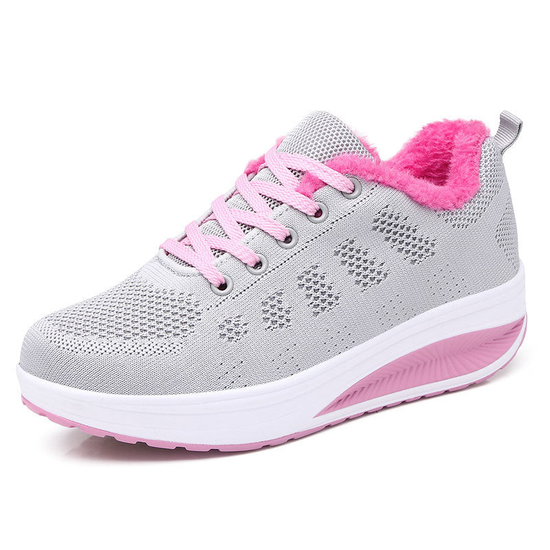 Women’s non-insulated knitted lace-up walking shoe with cozy teddy lining and ergonomic wedge sole Mune Fashion
