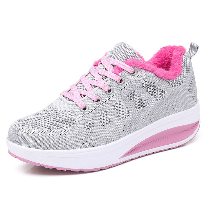 Women’s non-insulated knitted lace-up walking shoe with cozy teddy lining and ergonomic wedge sole Mune Fashion