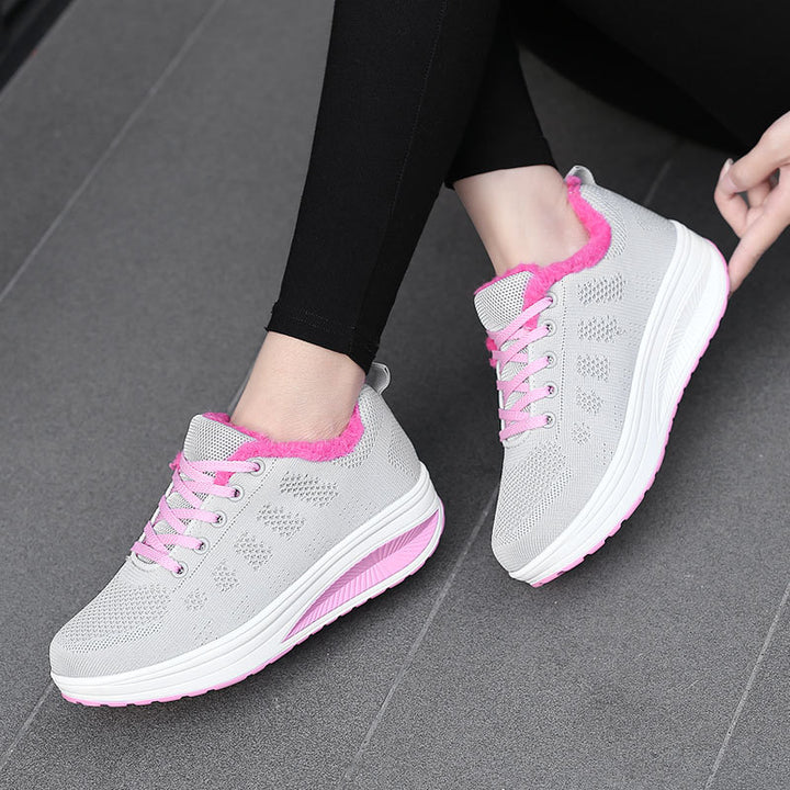 Women’s non-insulated knitted lace-up walking shoe with cozy teddy lining and ergonomic wedge sole Mune Fashion