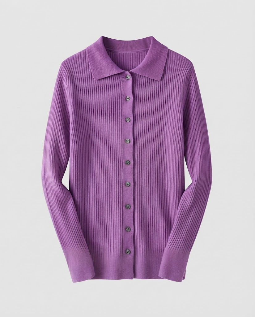 Women's Fine Ribbed Knit Cardigan with Shirt Collar and Matching Camisole Mune Fashion