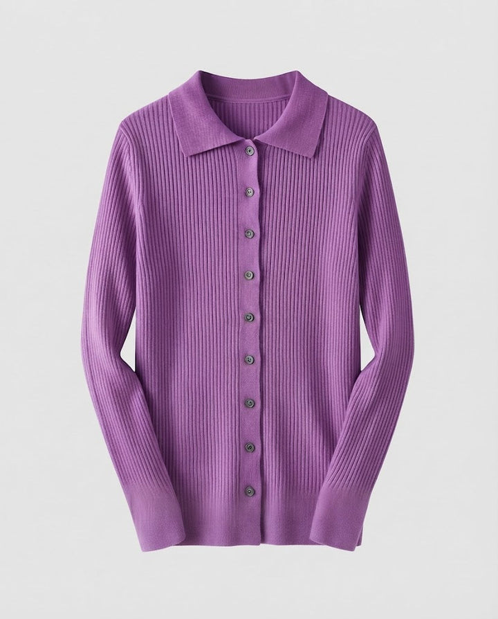 Women's Fine Ribbed Knit Cardigan with Shirt Collar and Matching Camisole Mune Fashion