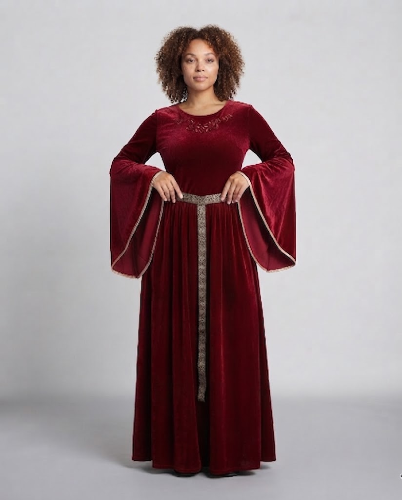Women elegant velvet dress with wide sleeve and decorative belt Mune Fashion
