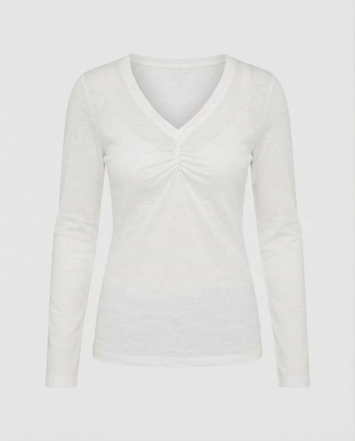 Ladies Long Sleeve V-Neck Shirt with Gathering and Fine Jersey Quality Mune Fashion