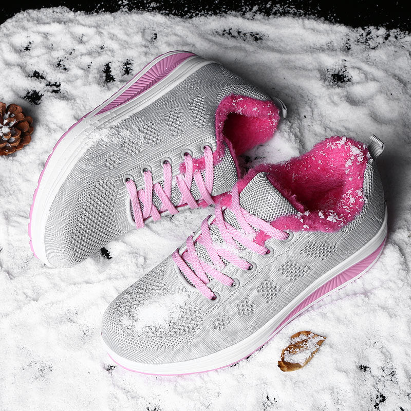 Women’s non-insulated knitted lace-up walking shoe with cozy teddy lining and ergonomic wedge sole Mune Fashion