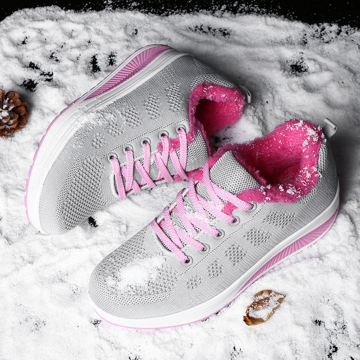 Women’s non-insulated knitted lace-up walking shoe with cozy teddy lining and ergonomic wedge sole Mune Fashion