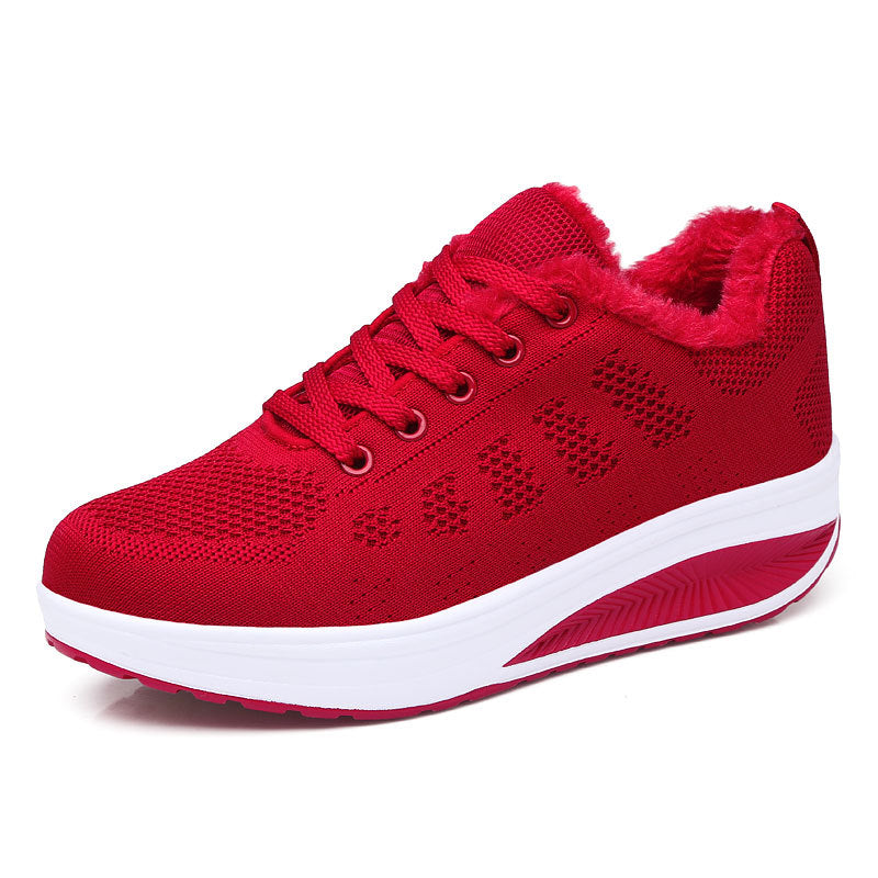 Women’s non-insulated knitted lace-up walking shoe with cozy teddy lining and ergonomic wedge sole Mune Fashion