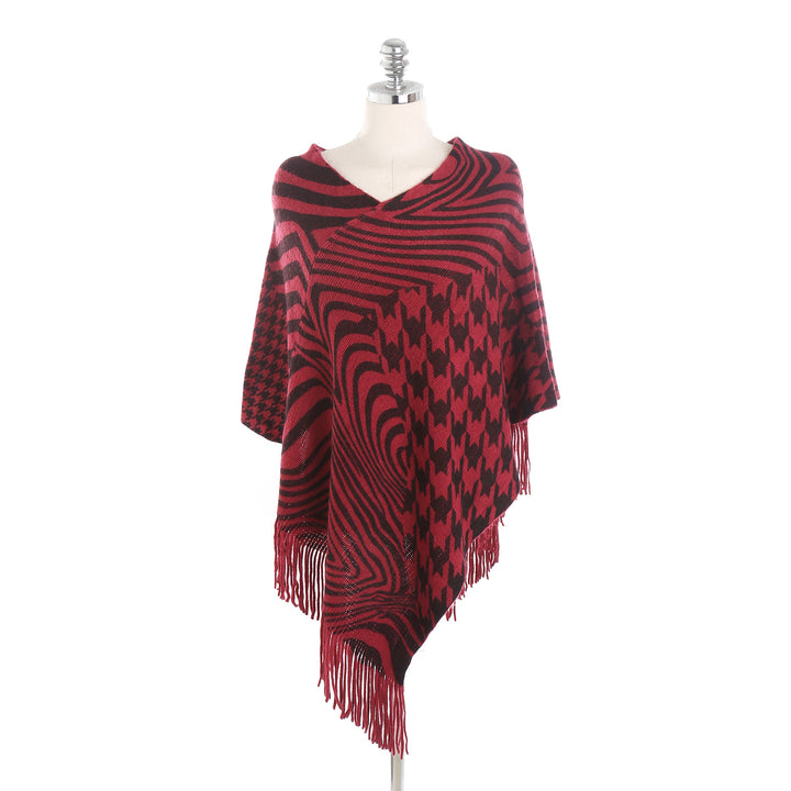 Women's fringe poncho in oversized with graphic jacquard and asymmetrical pointed hem Mune Fashion