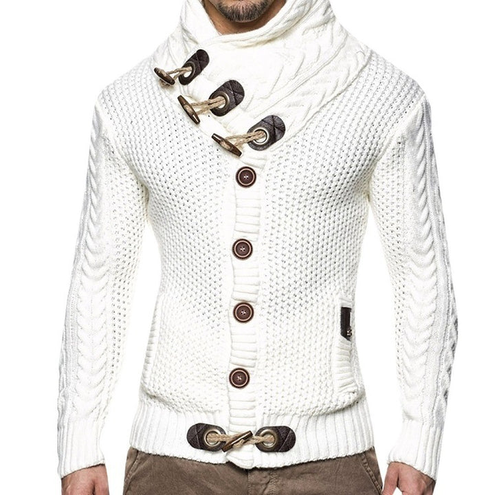 Men's knitted cardigan with high shawl collar, cable knit pattern and toggle fastenings Mune Fashion