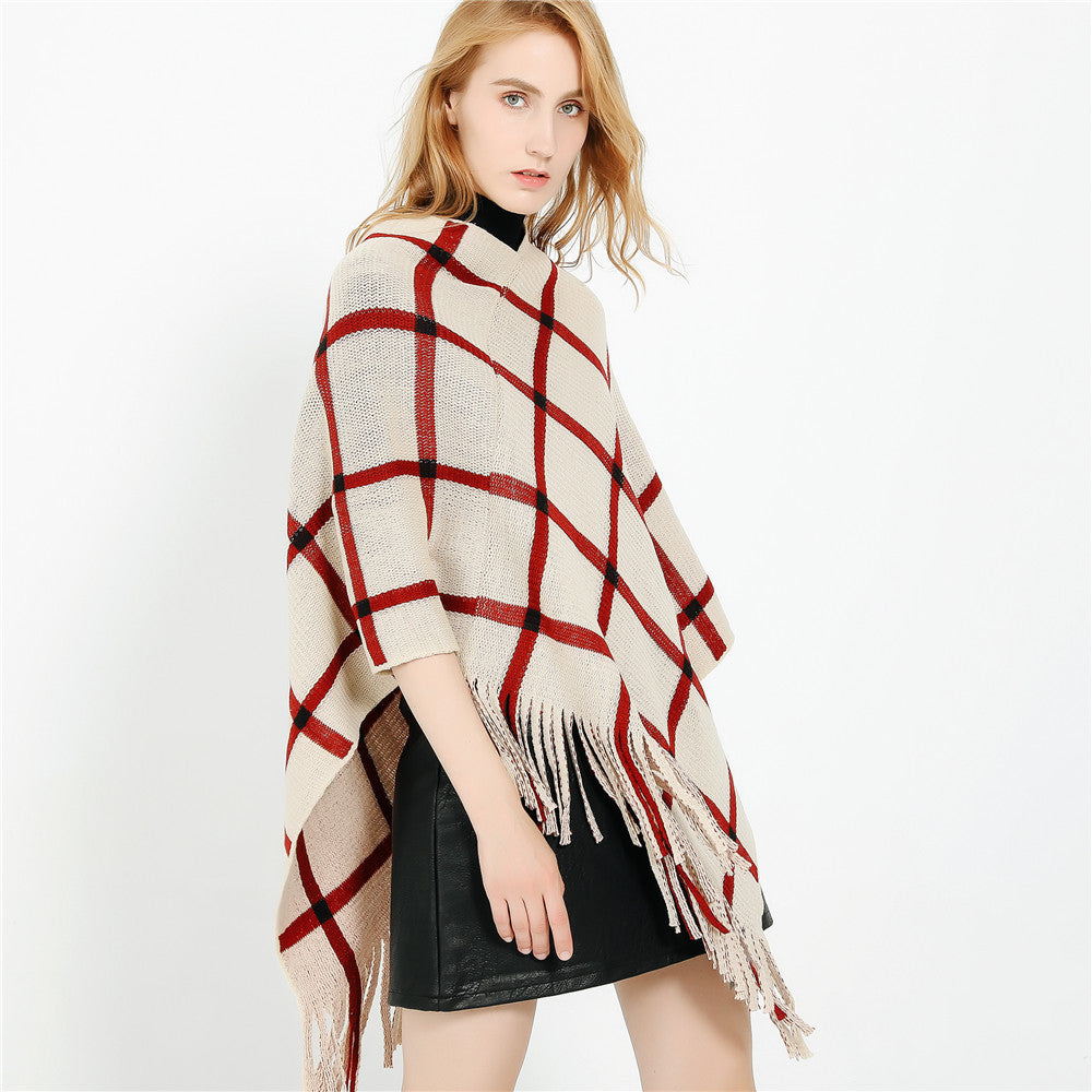 Women's Chunky Knit Poncho with Check Pattern and Fringe Hem Mune Fashion