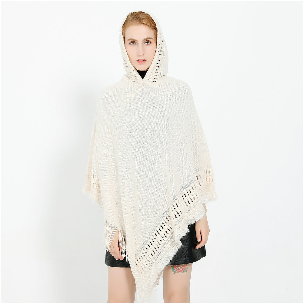 Women's Hooded Poncho with Crocheted Trim and Fringed Hem Mune Fashion