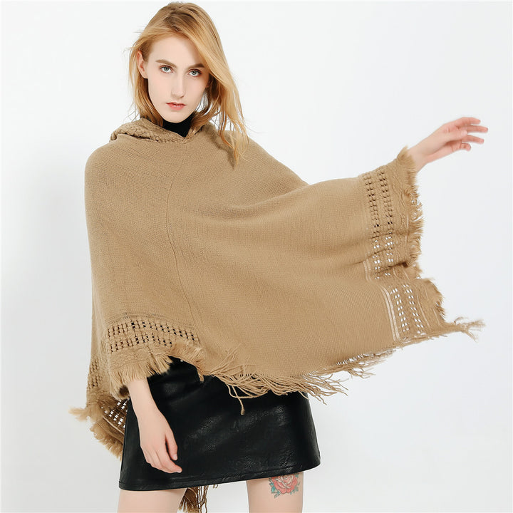 Women's Hooded Poncho with Crocheted Trim and Fringed Hem Mune Fashion