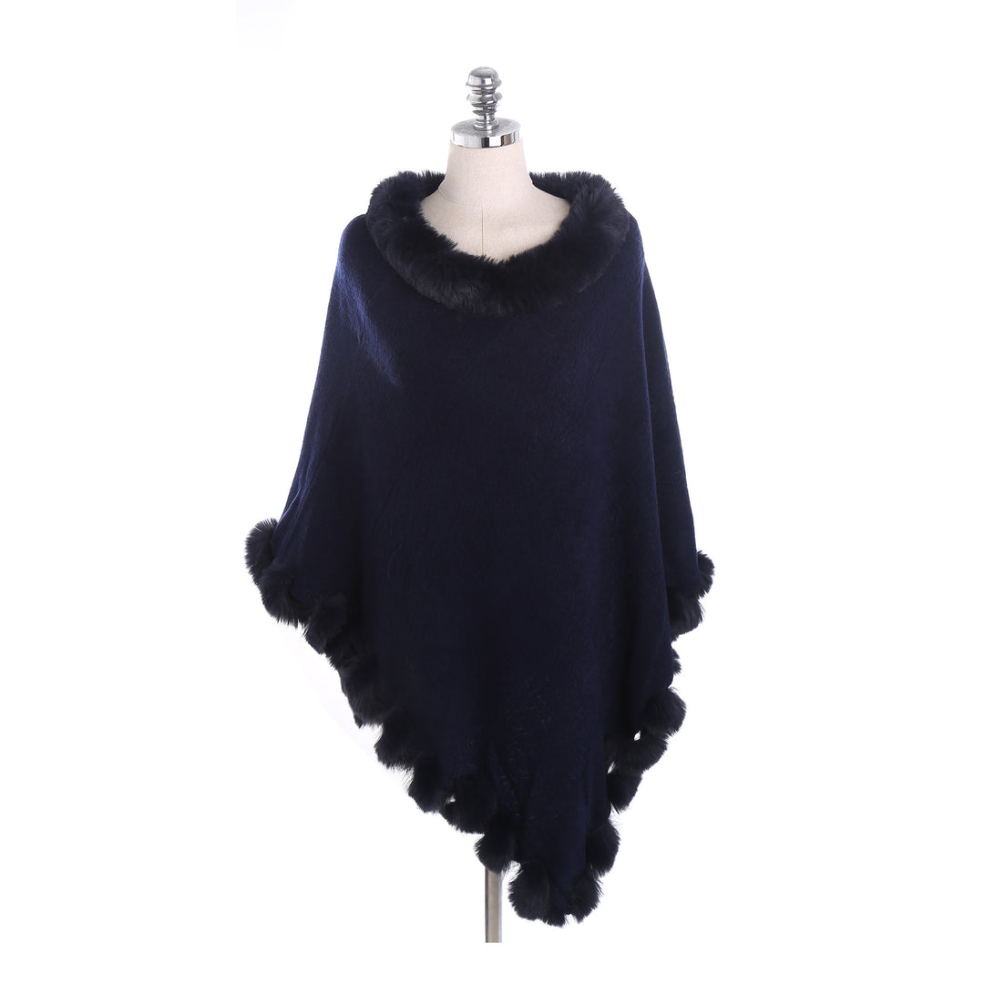 Women's cape poncho with faux fur collar and pom-pom trim Mune Fashion