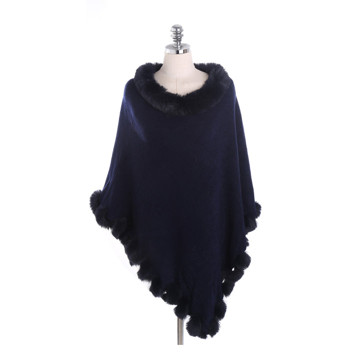 Women's cape poncho with faux fur collar and pom-pom trim Mune Fashion