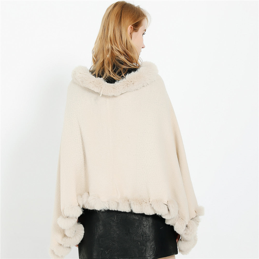 Women Elegant Cape Poncho made of Wool Blend with Faux Fur Trim and Pom Pom Details Mune Fashion