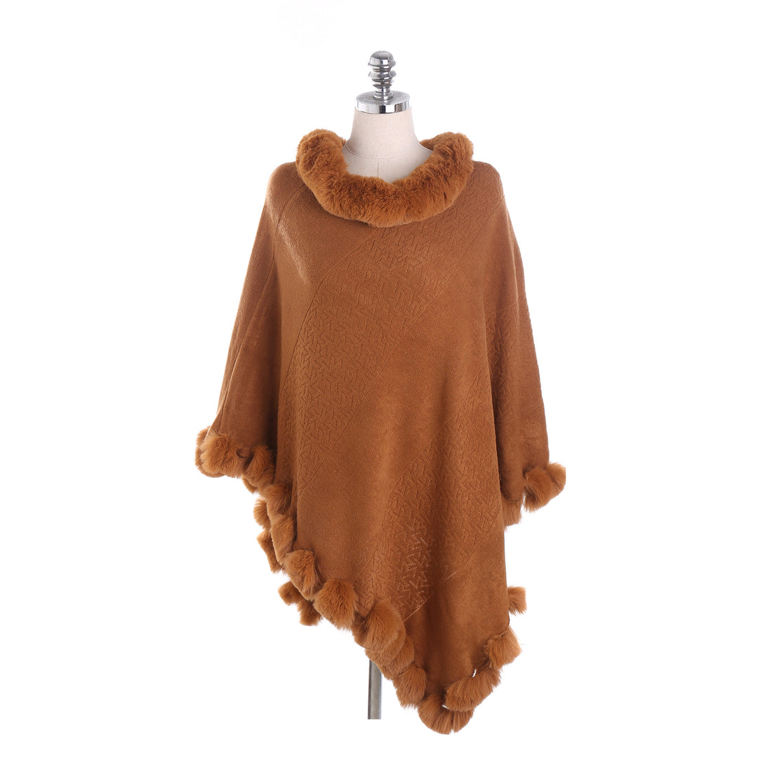 Women Elegant Cape Poncho made of Wool Blend with Faux Fur Trim and Pom Pom Details Mune Fashion