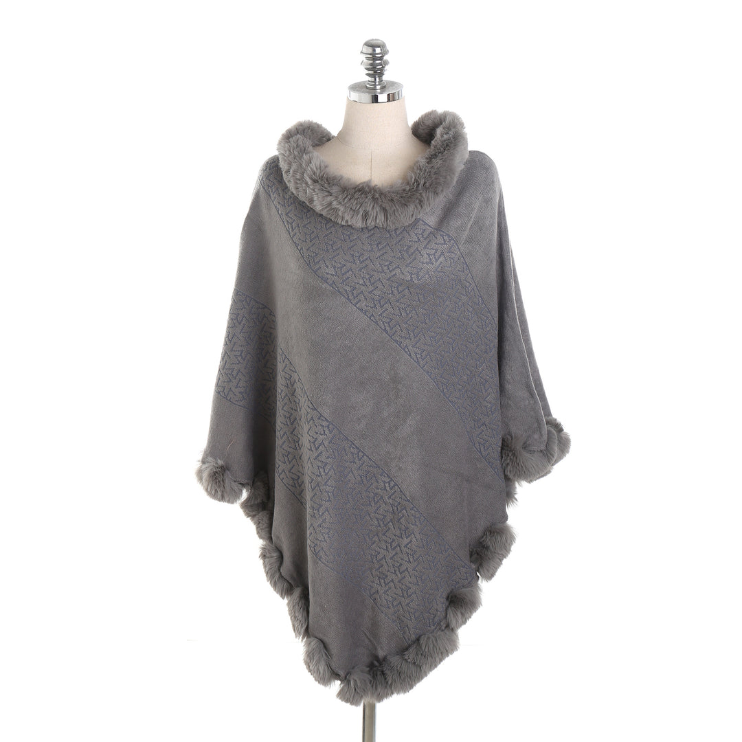 Women's cape poncho with faux fur collar and pom-pom trim Mune Fashion