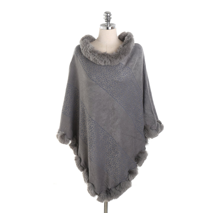 Women's cape poncho with faux fur collar and pom-pom trim Mune Fashion