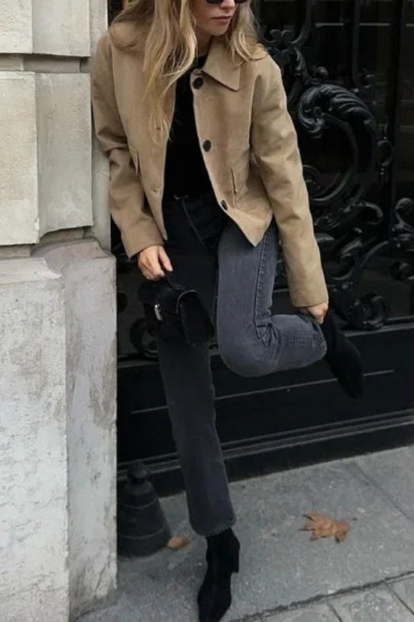Mune | Button Closure Pocket Faux Suede Crop Jacket