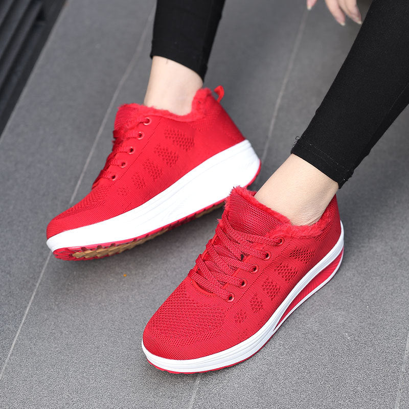 Women’s non-insulated knitted lace-up walking shoe with cozy teddy lining and ergonomic wedge sole Mune Fashion