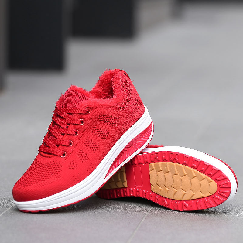 Women’s non-insulated knitted lace-up walking shoe with cozy teddy lining and ergonomic wedge sole Mune Fashion
