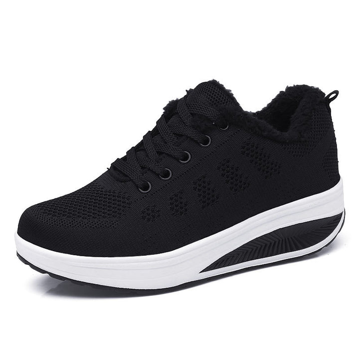 Women’s non-insulated knitted lace-up walking shoe with cozy teddy lining and ergonomic wedge sole Mune Fashion