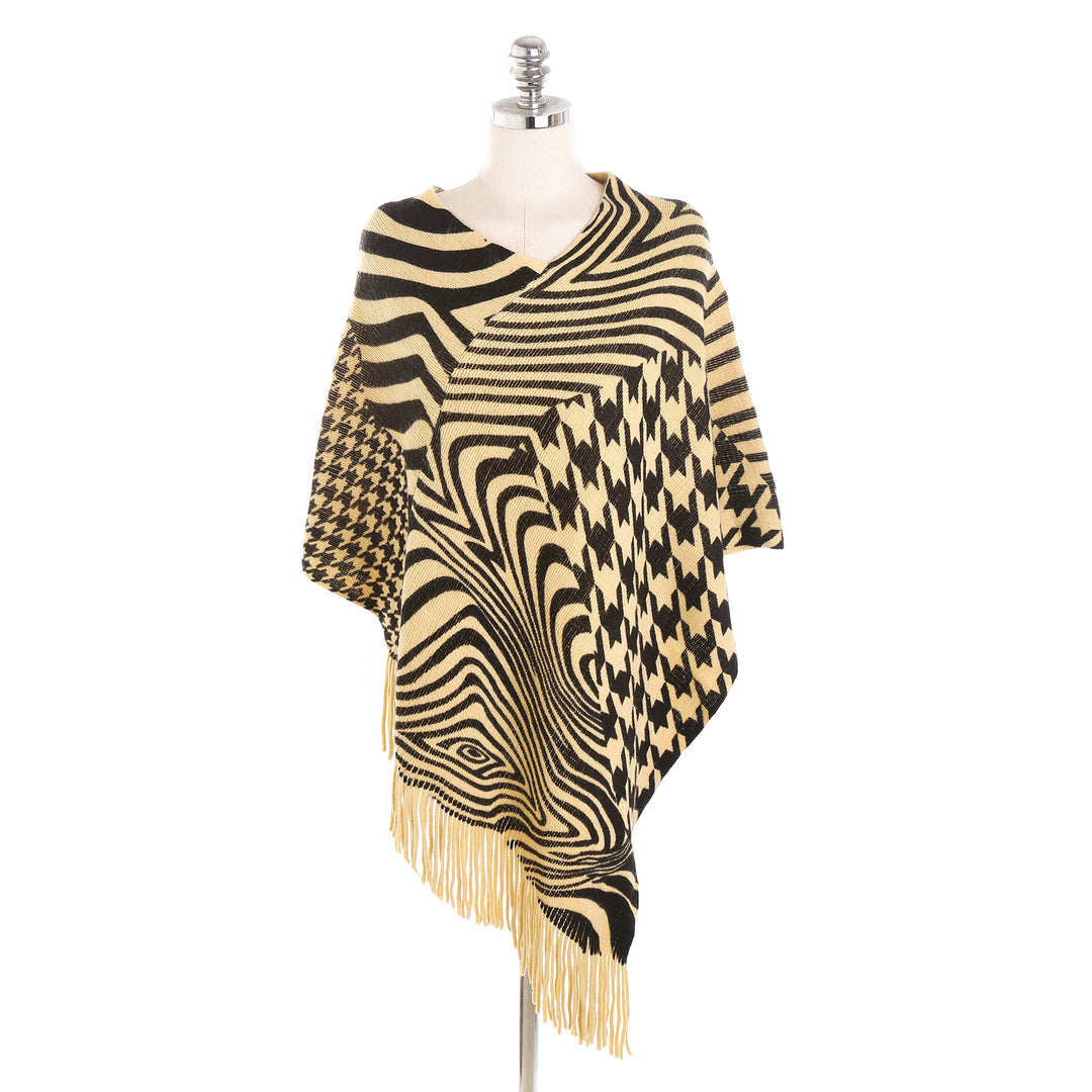 Women's fringe poncho in oversized with graphic jacquard and asymmetrical pointed hem Mune Fashion