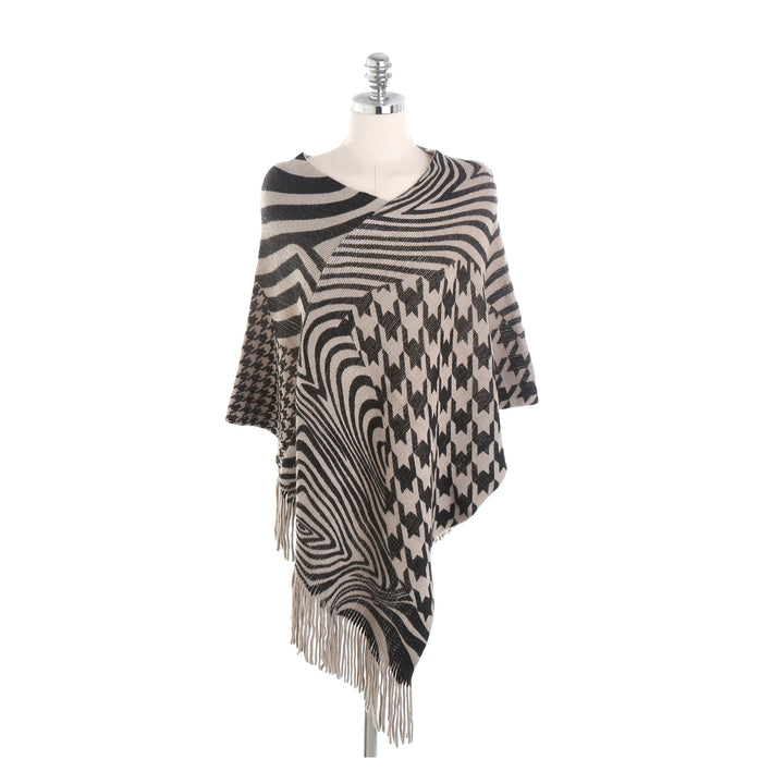 Women's fringe poncho in oversized with graphic jacquard and asymmetrical pointed hem Mune Fashion