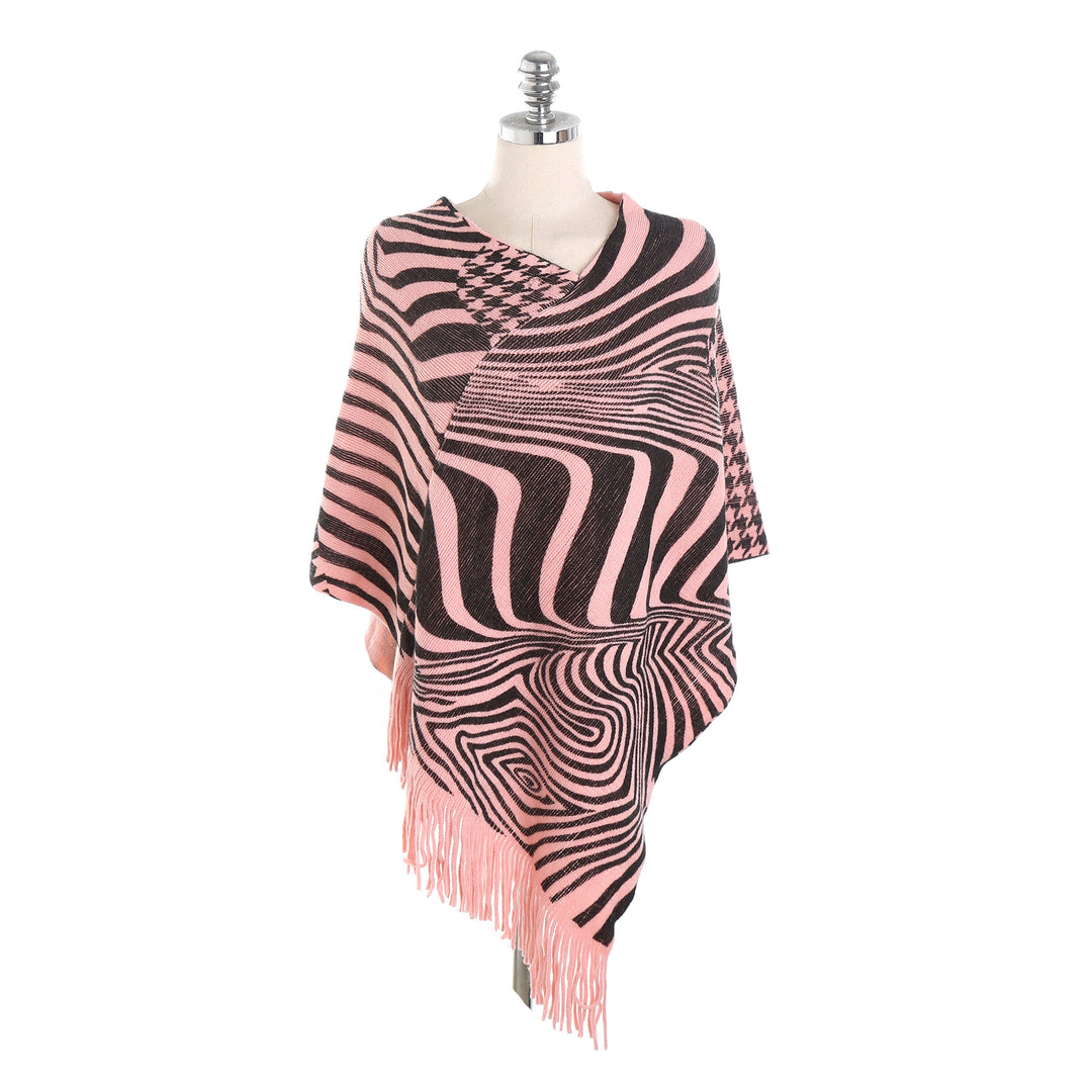 Women's fringe poncho in oversized with graphic jacquard and asymmetrical pointed hem Mune Fashion